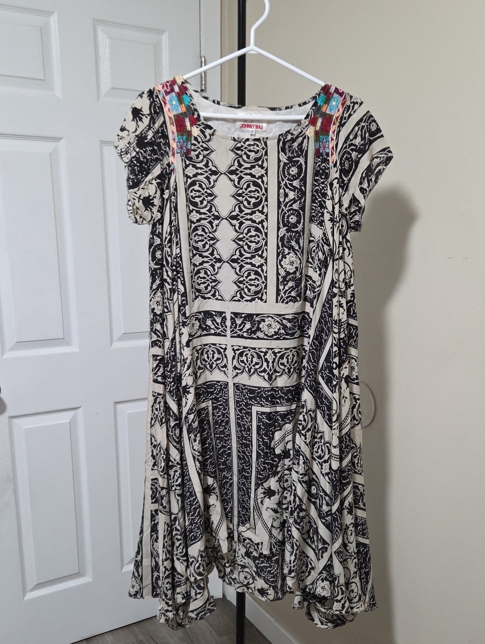 Johnny Was Black and White Printed Swing Dress with Colorful Embroidered Yoke